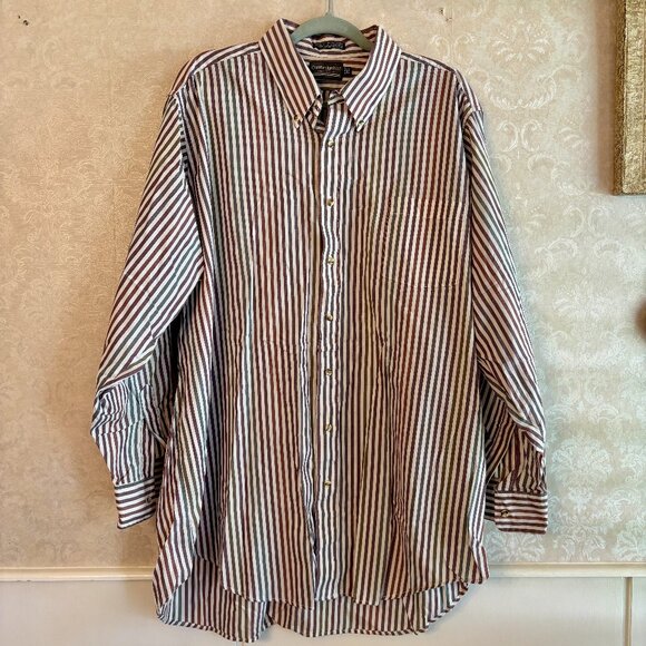 Muted Dark Jewel Tone Vertical Striped‎ 90s Long Sleeve Button Down Shirt 2XLT - Picture 1 of 11
